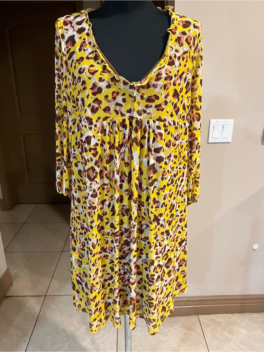 The Vanity Room Yellow and Brown Animal Print Long Sleeve Dress